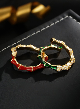 2024新款安可拉红镶钻竹节开口可调节戒指小众设计轻奢戒指批发