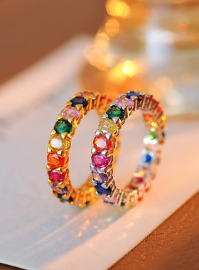 韩版彩色锆石指环潮小众轻奢设计高级感糖果色彩虹戒指批发代
