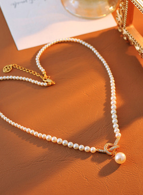 真金电镀珍珠款锆石打结吊坠项链精致时尚轻奢高级感批发一件代发