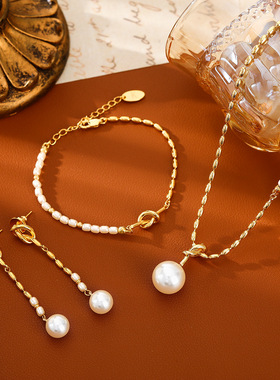 个性爆款高级感拼接不规则珍珠项链女气质时髦小众简约百搭耳环女
