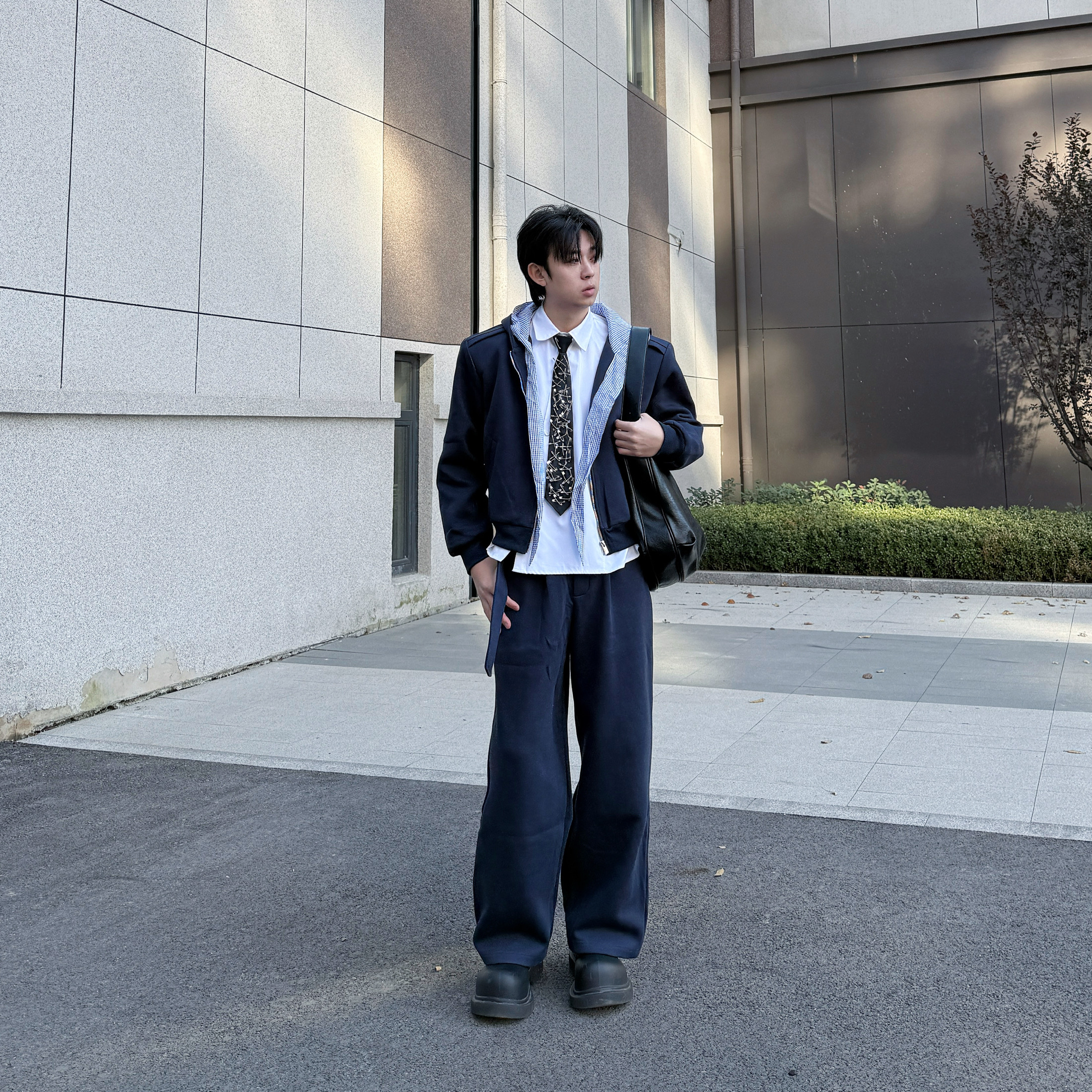 小众格子拼接休闲连帽卫衣套装男