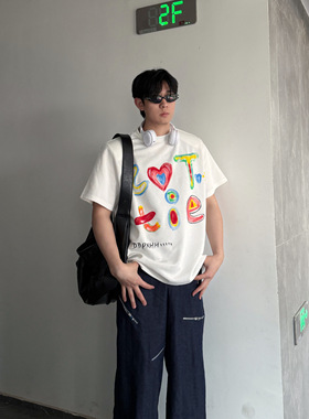 IDDB 2025新款韩版涂鸦字母休闲T恤男士夏季宽松垫肩短袖时尚百搭