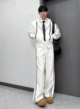 IDDB 秋季连帽钉珠织带开衫夹克卫衣套装男 美式高级感直筒裤宽松