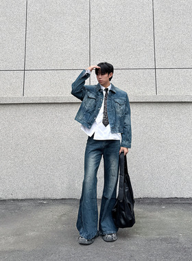 IDDB 小众设计感复古做旧牛仔套装男秋季韩版潮流痞帅外套阔腿裤