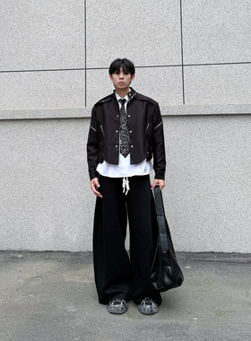 IDDB 韩版小众设计感垫肩夹克男宽松潮流时尚百搭黑色拉链外套秋