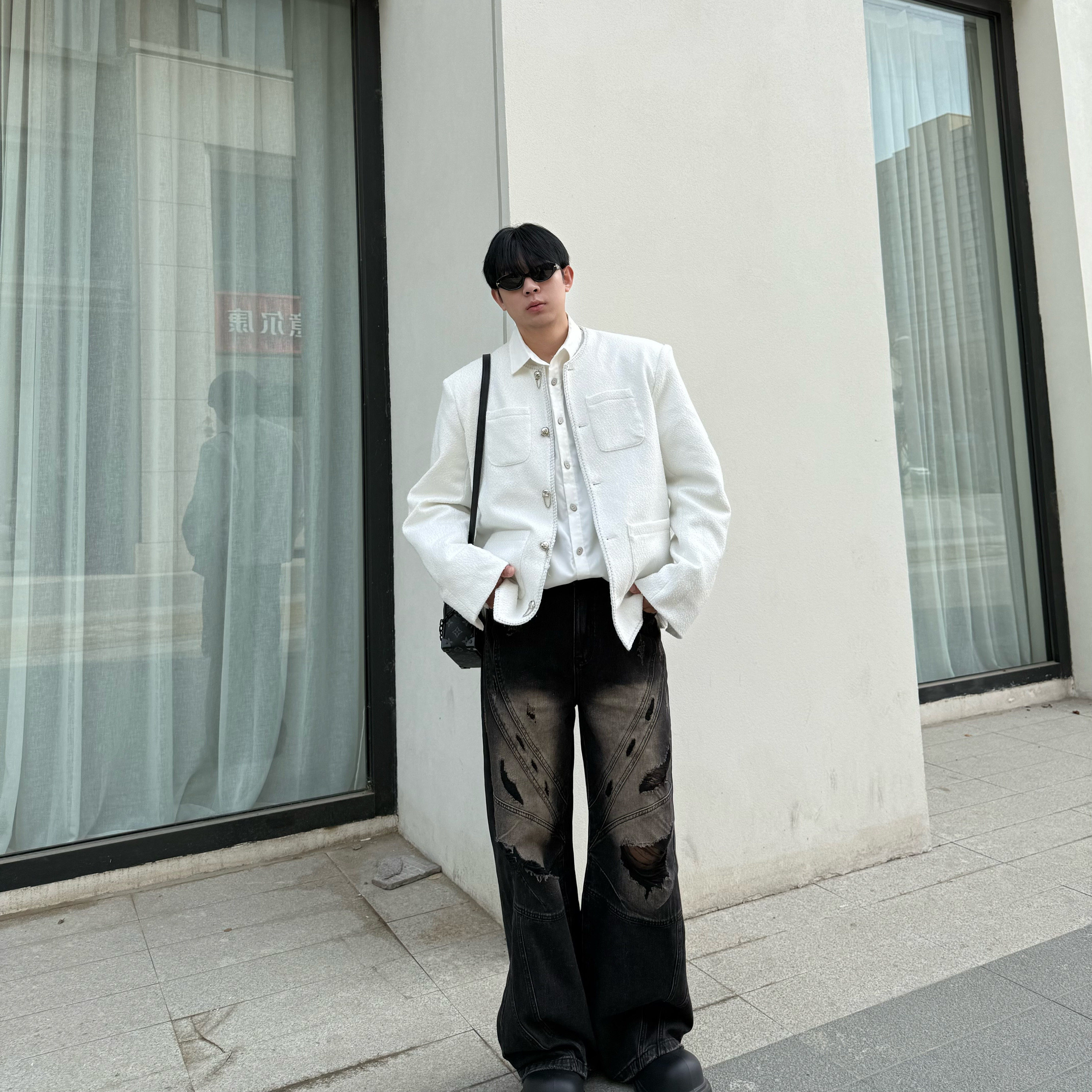 IDDB  韩版小众潮男小香风外套秋款男生时尚百搭夹克白色上衣潮流