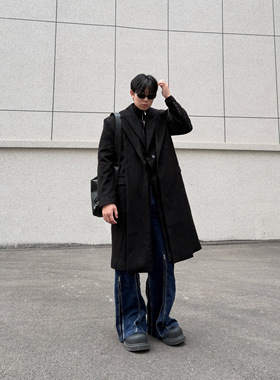 IDDB  拼接假两件设计加棉长款毛呢大衣男士过膝外套气质复古高级