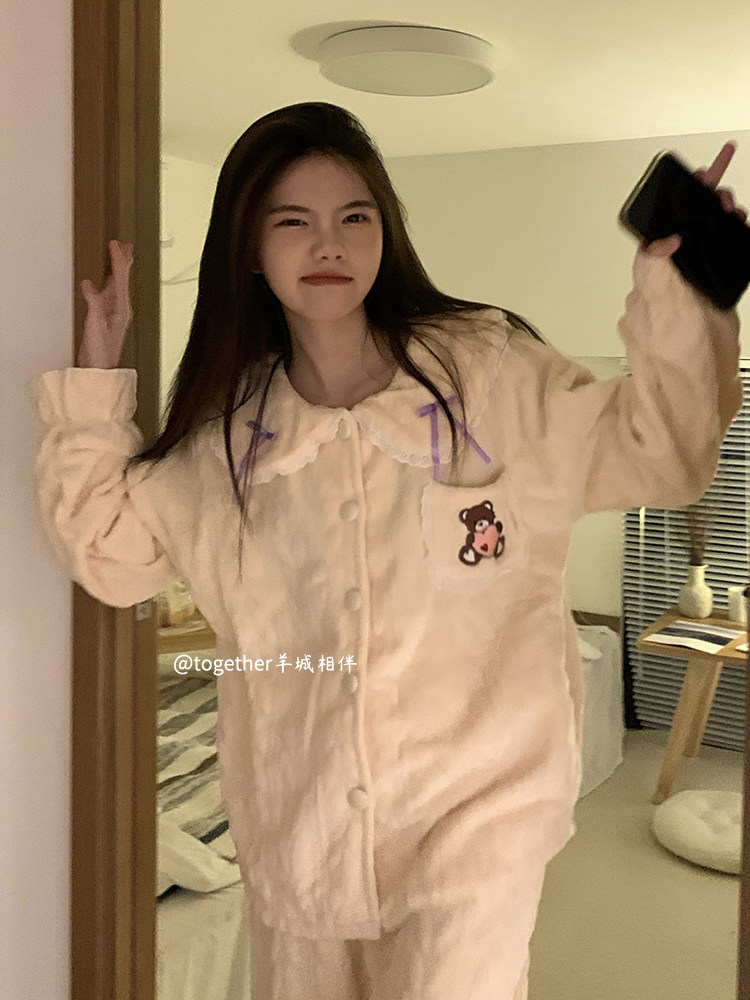 한국 소녀 산호 벨벳 잠옷 가을 겨울 두꺼운 플러스 벨벳 따뜻한 인형 칼라 포켓 베어 플란넬 가정복