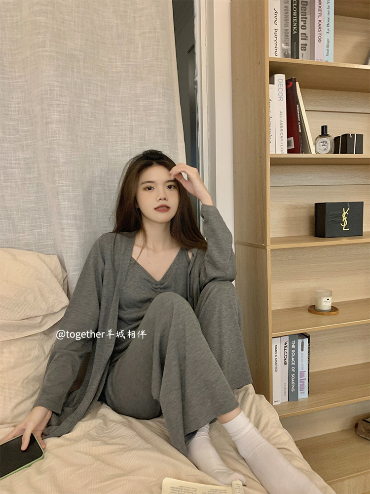 봄과 가을 여성을위한 새로운 기능 스타일 잠옷 3 피스 섹시한 V 넥 멜빵 긴팔 바지 순수 코튼 여름 홈웨어