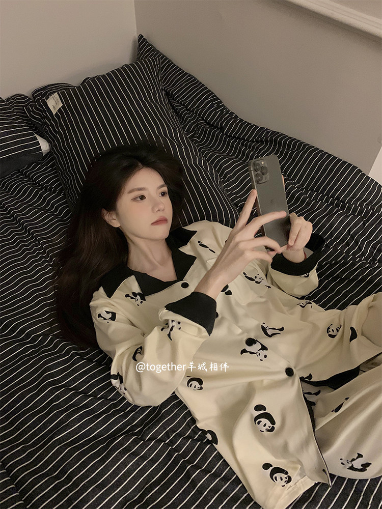 여성 잠옷 봄 가을 새로운 스타일 23세트 순면 프린트 긴팔 소녀 인터넷 연예인 달콤하고 시원한 스타일 팬더 홈웨어