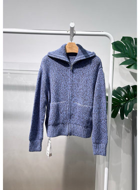 MM麦檬商场同款2025秋冬蓝色绵羊毛翻领针织开衫女毛衣4GA133441