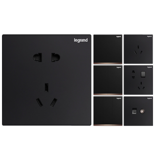 罗格朗开关插座逸景碳素黑色一开五孔插座带USB墙壁电源二三孔5孔