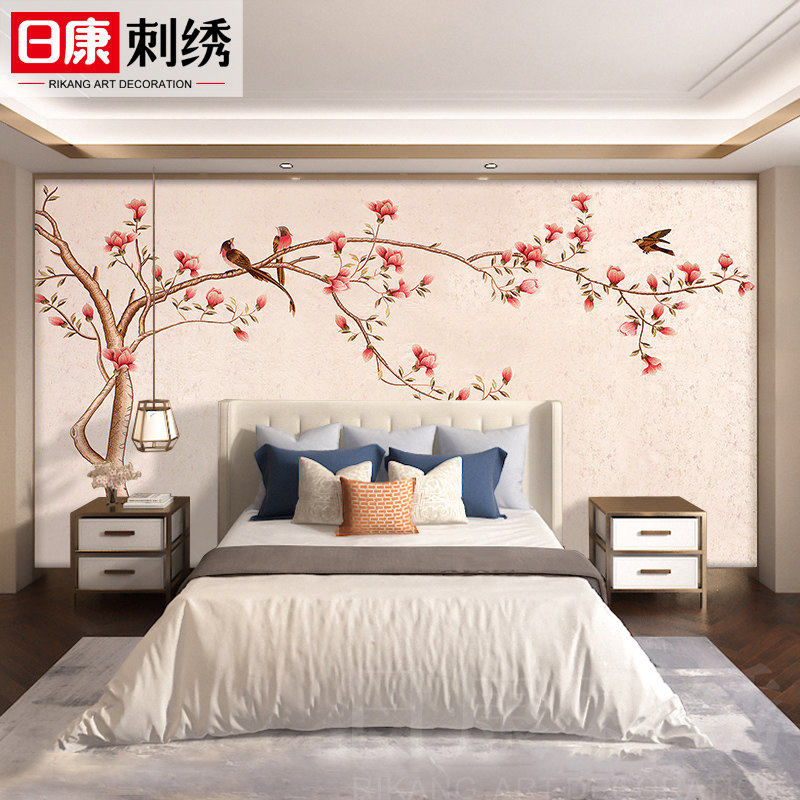 日康刺绣无缝墙布田园中式玉树兰芝独绣卧室床头客厅背景墙壁布