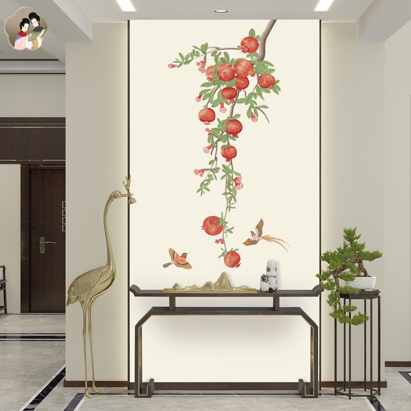 日康石榴刺绣独绣墙布玄关背景多子多福中式过道走廊无缝壁布