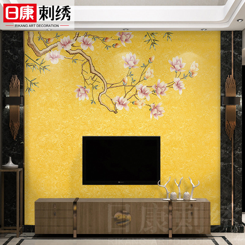 日康中式独绣玉兰花语c刺绣无缝墙布客厅餐厅沙发电视背景墙壁布