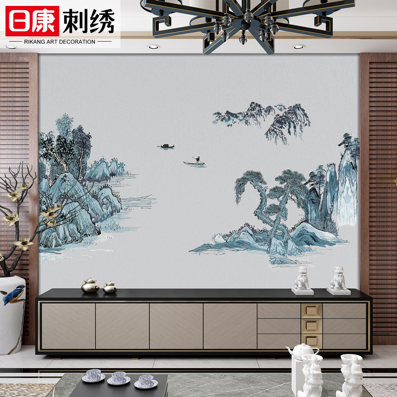 独绣刺绣无缝古典墙布山明水秀