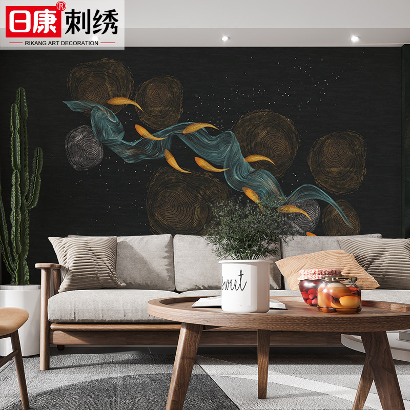 现代中式年轮锦鲤鱼刺绣独绣墙布书房客厅餐厅沙发电视背景壁布