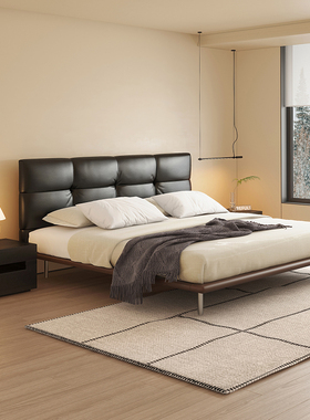 粤府品牌新款意式极简悬浮真皮床现代简约黑色诧寂风奶油风双人