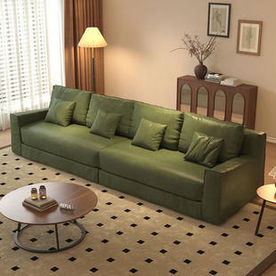 2025年新款 绿色复古真皮沙发直排三人位中古风沙发小户型客厅家具