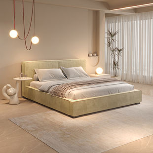 2025新款 奶油风床猫爪布棉麻磨砂布双人床 布艺床简约现代落地法式