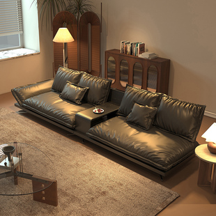 新款意式复古真皮沙发黑色直排三人中古实木极简广东佛山龙江家具