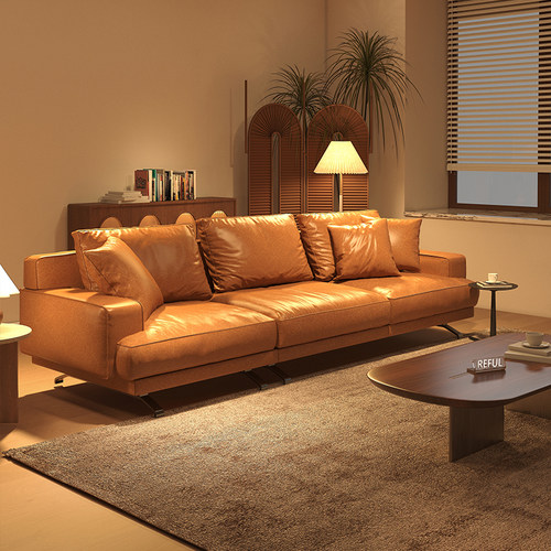 粤府意式复古风格油蜡皮真皮沙发