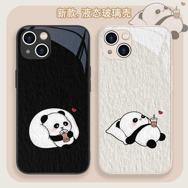 适用苹果手机壳熊猫玻璃卡通全包