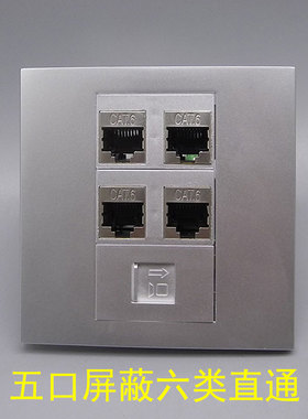 银灰色86型五位屏蔽六类网线银色双口CAT6A千兆带屏蔽5口电脑插座
