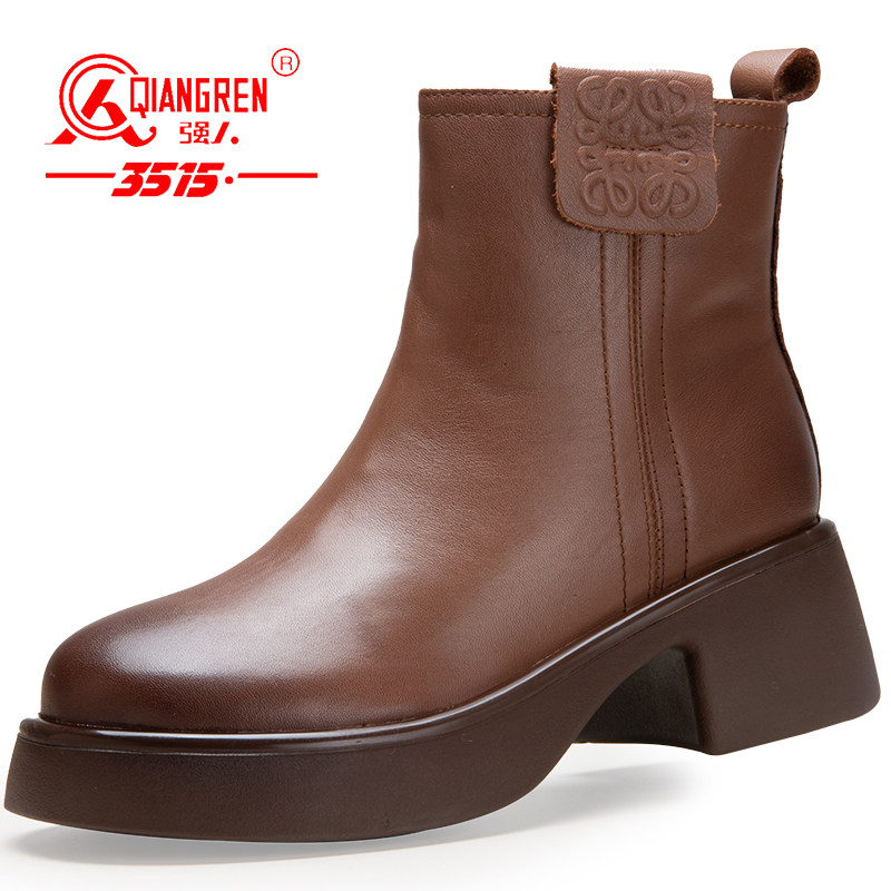 3515强人女鞋马丁靴冬季加绒真皮棉鞋羊毛靴厚底短靴皮毛一体皮鞋