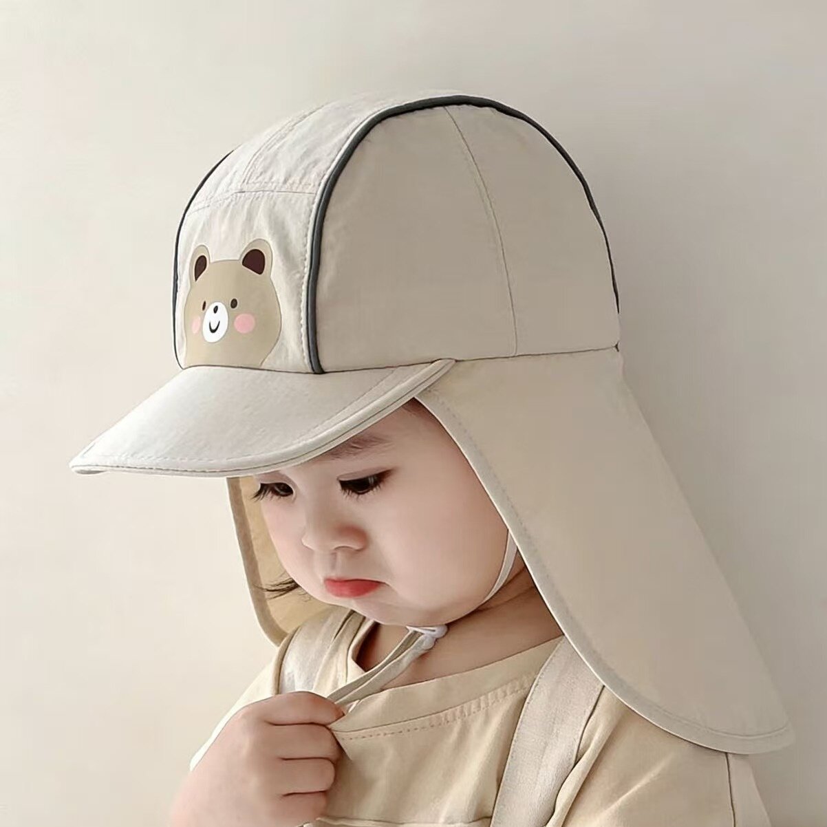 婴儿帽子春夏季遮阳防晒太阳帽男女宝宝卡通披肩透气大檐渔夫帽
