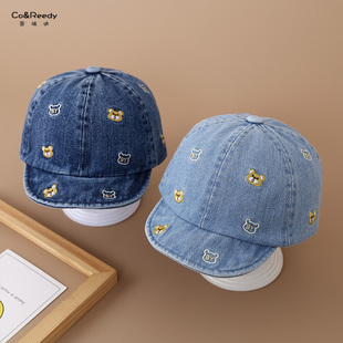 婴儿帽子春季软檐鸭舌帽男女宝宝复古牛仔印花小熊字母by棒球帽