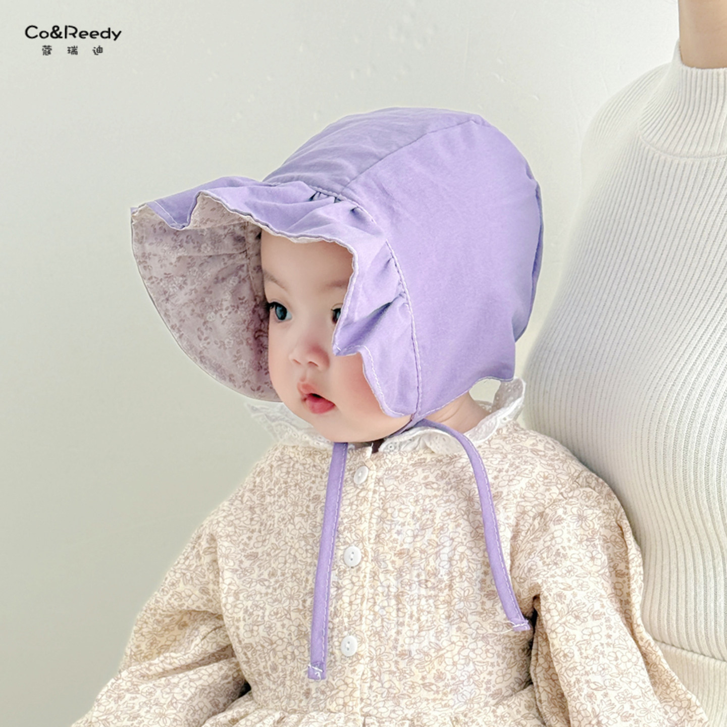 婴儿帽子春夏季双面戴遮阳防晒帽女宝宝碎花兔子波浪花边包头帽