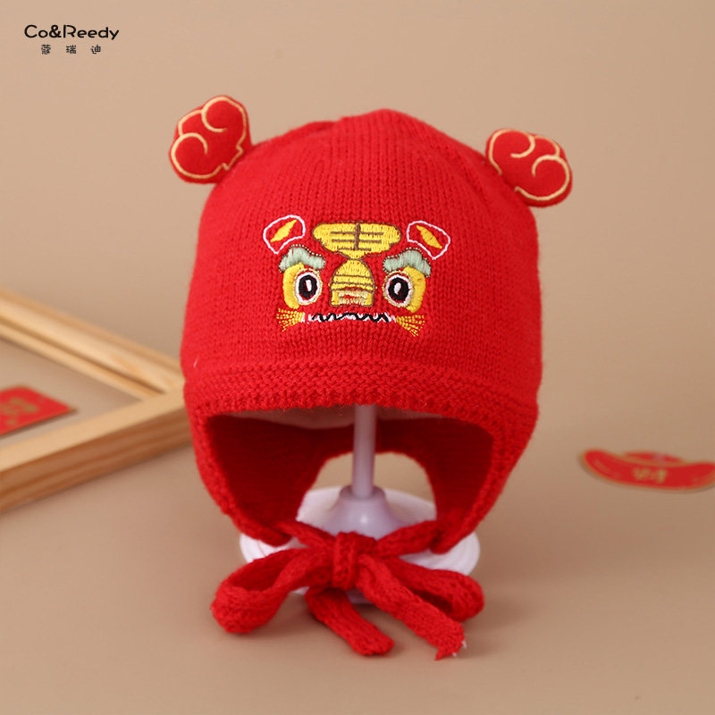 子红色国潮虎头针织帽宝宝新年