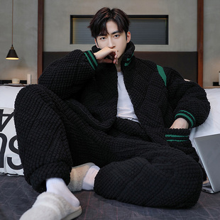 男士睡衣冬季加绒加厚珊瑚绒三层夹袄高领拉炼保暖家居服套1111w