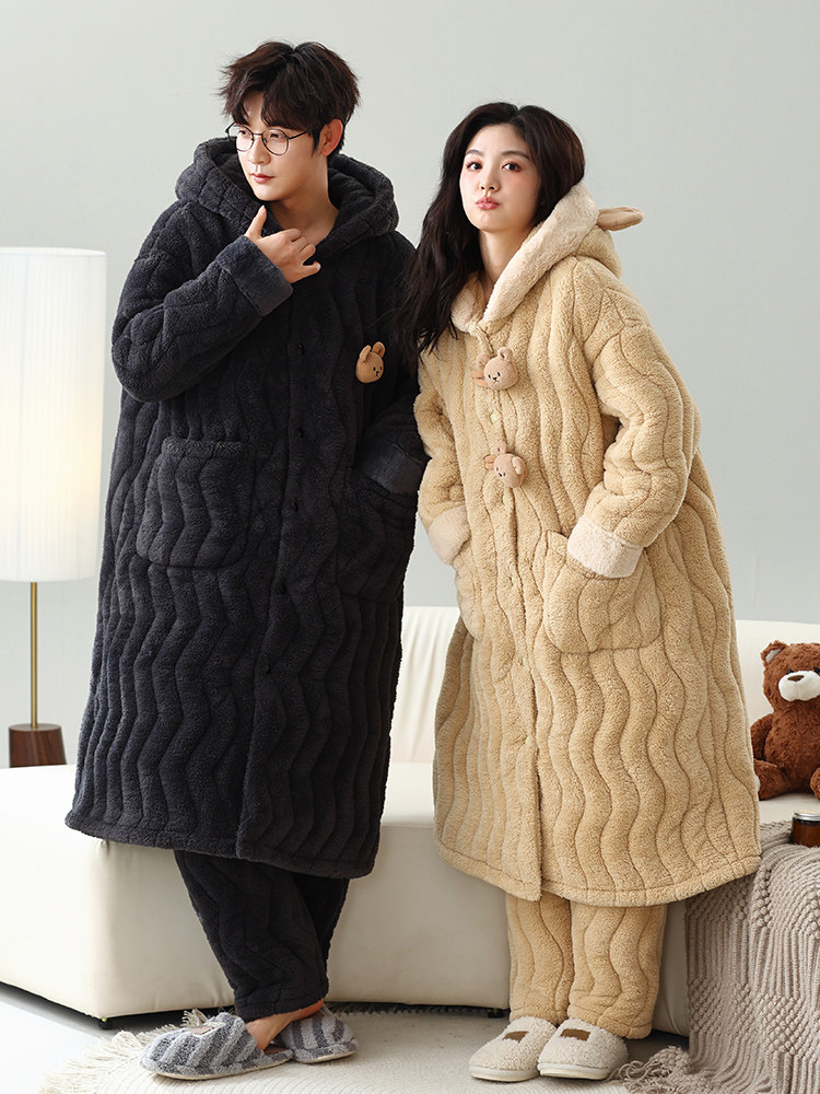 情侣睡衣女冬睡袍男款加绒加厚珊瑚绒三层夹棉连帽长款家居服套装