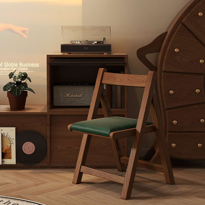 实木折叠椅子家用可折叠靠背椅中古风餐椅简约书桌写字椅休闲椅子