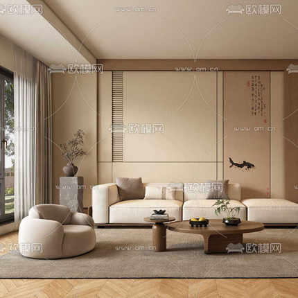 复古风客厅新中式三人位直排实木布艺沙发组合中古风样板间家具