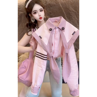 衬衫 洋气披肩粉色翻领条纹拼接撞色织带设计长袖 女潮 新款 2026春季