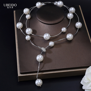 UBEIDO大牌珍珠流苏项链女多层百搭可调节锁骨链送耳钉套装首饰品