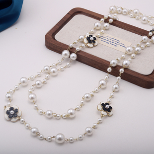 项链女长款时尚多层珍珠挂链大牌山茶花小香风气质装饰毛衣链配饰