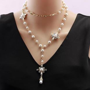 长款项链女欧美跨境饰品简约十字架流苏毛衣链水晶钻装饰挂件配送