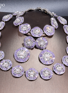 UBEIDO紫色水晶太阳花锆石三件套女士首饰项链手链耳环晚宴会套装