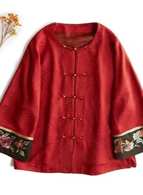 新中式国风绣花气质衬衫女复古盘扣提花汉服外套春季新款红色上衣