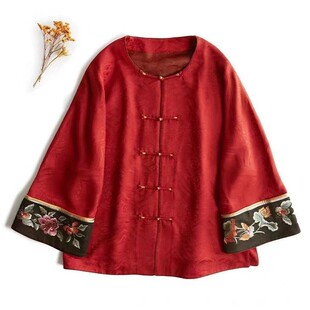 新中式国风绣花气质衬衫女复古盘扣提花汉服外套春季新款红色上衣