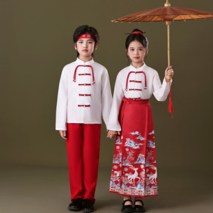 十一儿童中国风演出服女童红色马面裙大合唱表演汉服男套装 朗诵