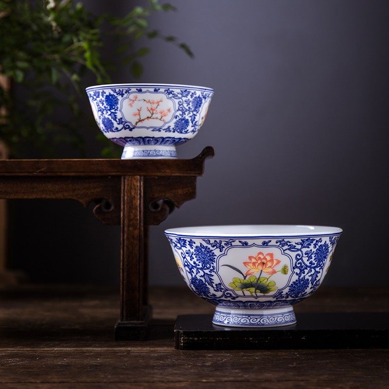 景德镇青花瓷饭碗单个家用乔迁送礼中式仿古吃饭釉中彩骨瓷高脚碗,餐饮具,碗,淘宝优惠券,粉丝福利购,淘宝优惠卷