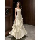 法式 温柔风荷叶边吊带连衣裙女气质名媛高级感收腰包臀宴会礼服裙