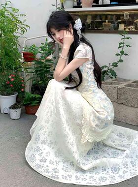 新中式国风蓝色碎花改良旗袍连衣裙漂亮独特蕾丝拼接收腰气质长裙