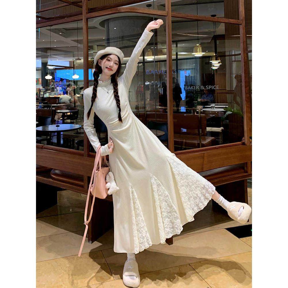 小个子白色针织连衣裙秋冬季长裙蕾丝拼接鱼尾裙大衣内搭毛衣裙子