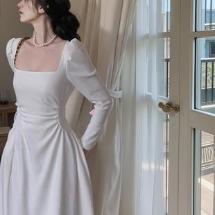 白色长袖连衣裙子女春秋2025夏新款小个子法式高级感初恋收腰长裙